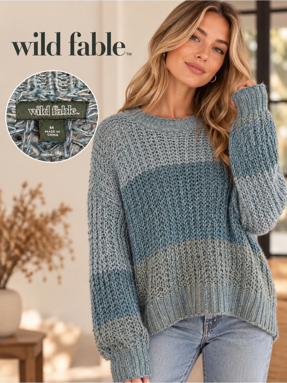 Wild Fable Teal and Gray Ombre Open-Knit Crewneck Sweater